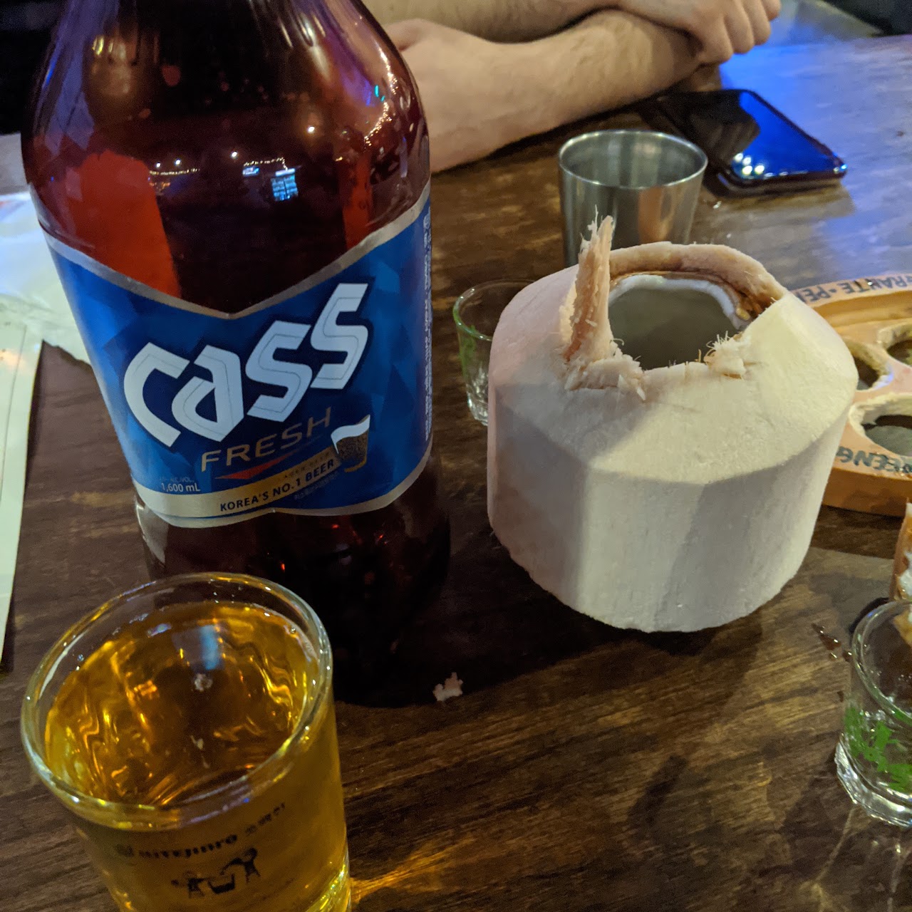 Cold Korean beer poured at the bar